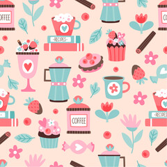Seamless pattern with images of coffee, teapots, sweets, muffins, croissants and other sweet elements.