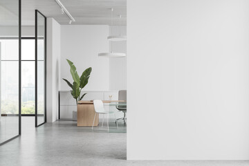 Cozy office interior with work desk and chairs, panoramic window. Mockup wall