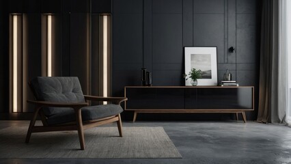 Dark contemporary living room interior with concrete floor