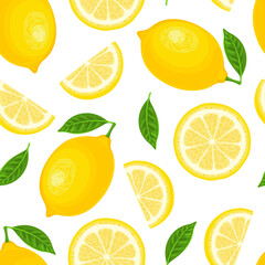 Lemon background. Seamless pattern with yellow citrus fruits with green leaf on white background. Vector cartoon flat illustration.