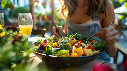 Woman enjoying a healthy meal at an outdoor café, vibrant salads, bright daylight, Lifestyle,