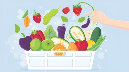 A variety of fresh fruits and vegetables are arranged in a basket. The hand is picking a strawberry from the basket. The background is a light blue color.