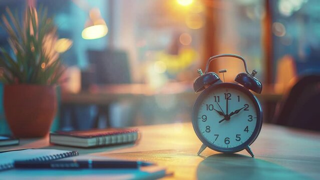 Alarm clock and office stationery objects close up on wooden table