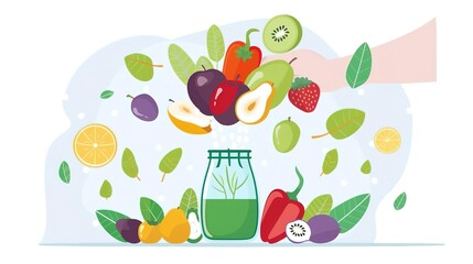 A hand is holding a variety of fruits and vegetables, and pouring them into a glass jar