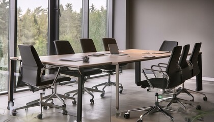 Refined Collaboration: A Minimalist Conference Room Interior Design"chair, table, room, office, interior, business, meeting, desk