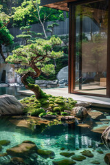 A minimalist Japanese garden with bonsai tree and a still calm pool, incorporating rocks, moss. 