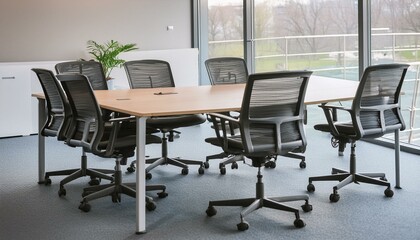 Refined Collaboration: A Minimalist Conference Room Interior Design"chair, table, room, office, interior, business, meeting, desk