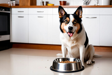 A cutie dog with food metal bowl is hungry on kitchen