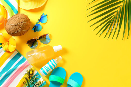 Vacation necessities for a sunny beach day on a yellow background