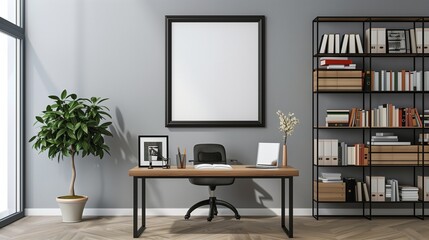 A modern study with a black frame on a light grey wall, featuring a wooden desk, ergonomic chair, and stylish bookshelves,
