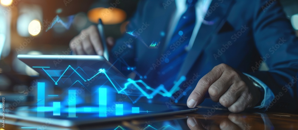 Poster A businessman in a modern office uses a digital tablet to analyze financial data via graphs for strategic decisionmaking, reflecting professionalism and technological advancement