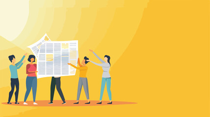 People reaching out to newspaper on yellow background