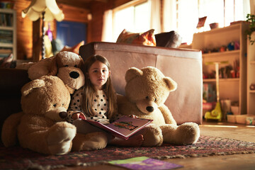 Portrait, teddy bear and girl with book for reading, education and language development. Home, toys...