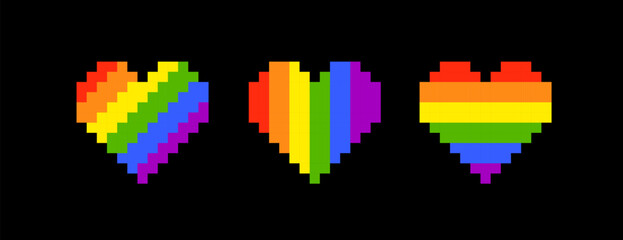 Vector Rainbow Pixel Heart LGBTQ community heart symbols and signs in retro 8-bit game style. Gay Pride and LGBT rainvow badge and sticker design
