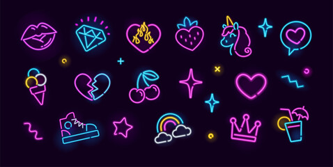 Vector set of neon girly icons of unicorn, diamond, cherry, crown, heart, coktail, ice cream, etc. Girl fashion neon icons and glow signs for stickers, pattern dsgn. Girly icons of night signboard