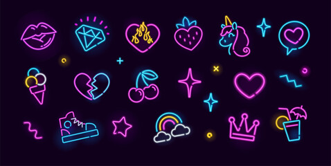 Vector set of neon girly icons of unicorn, diamond, cherry, crown, heart, coktail, ice cream, etc. Girl fashion neon icons and glow signs for stickers, pattern dsgn. Girly icons of night signboard © VRTX