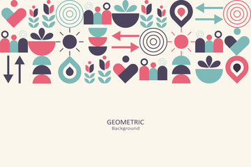 Abstract colorful flat geometric on a beige background, template design with the simple shape of symbols. Minimalist design with free space on the bottom. Family concept. Vector Illustration.