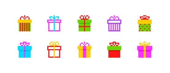 Perfect Pixel Gift Box vector icon collection. Pixel Art Christmas Gift Box signs and icons in retro game style. Editable pixel graphics gift boxes set isolated on white