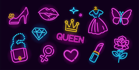 Girls fashion vector neon icons and signs. Girly fashion neon icons of women's handbag, rose flower, lady's slipper, queen crown, dress, pink lipstick. Lady's accessories and things icons