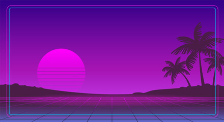 Retro futuristic sunset landscape of 80-90s style with  grid background with palms silhouette on the neon beach - cyberpunk vector dsgn for Synthwave music cover and surf party banner design