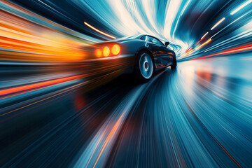 Obraz premium Close-up of a car in motion with dynamic light trails
