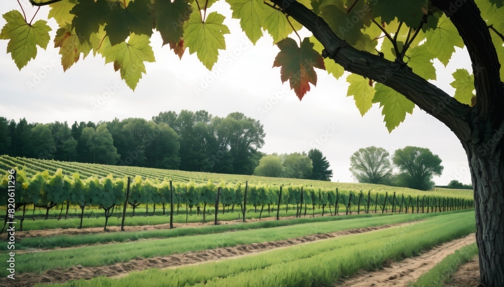 Poster A fresh spring scene in a vineyard, with young grapevines and new leaves framed by an old tree.. AI Generation