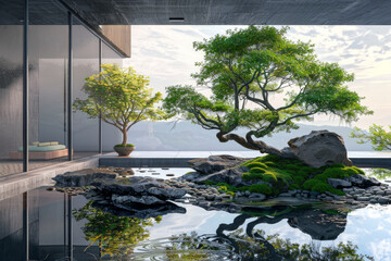 A minimalist Japanese garden with bonsai tree and a still calm pool, incorporating rocks, moss. 