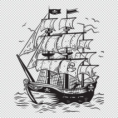 Cartoon pirate ship for kids coloring book pages, black vector illustration on transparent background
