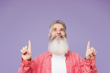 Young elderly gray-haired mustache bearded man 50s years old wearing pink shirt casual clothes...