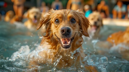 A dog is playing in a pool with other dogs.Concept of love for your pet.	