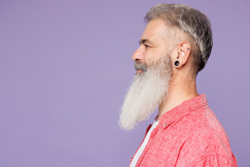 Side profile view young Caucasian elderly gray-haired mustache bearded man 50s years old wears pink...