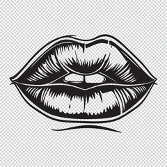 Simple sketch logo icon of cartoon womans lips, black vector illustration on transparent background