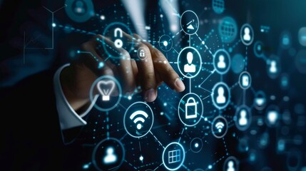 A businessman is engaged with a hightech digital interface, depicting business, technology, connectivity, and innovation. This scene symbolizes advanced communication and future digitalization