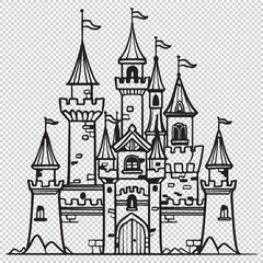 Line art cartoon design of castle palace, black vector illustration on transparent background