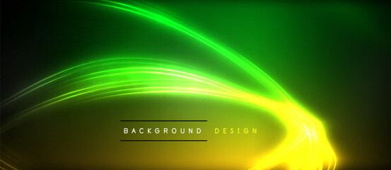 Neon glowing circle rays, light round lines in the dark, planet style neon wave lines. Energetic electric concept design for wallpaper, banner, background