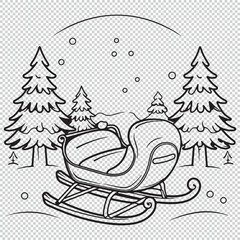 Simple christmas sled in winter landscape, black vector illustration on transparent background
