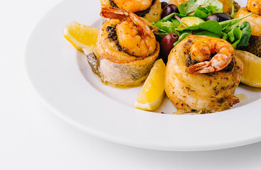 Grilled shrimp and fish fillet gourmet dish