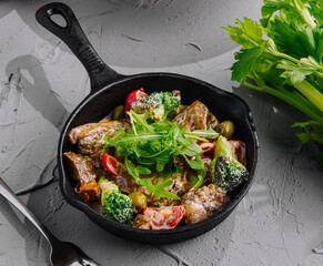 Gourmet rustic skillet meal top view