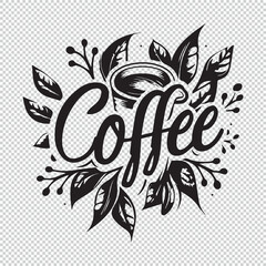 Coffee cup, beans and leaves logo, black vector illustration on transparent background