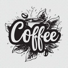 Coffee cup, beans and leaves logo, black vector illustration on transparent background