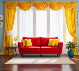 a living room with a red couch and yellow curtains