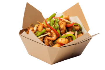 Wok in paper box on transparent background, png