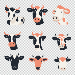 Collection of cow heads as flat logo designs, vector illustrations on transparent background