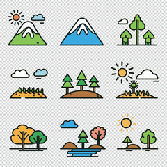 Collection of nature scenes as flat logo designs, vector illustrations on transparent background