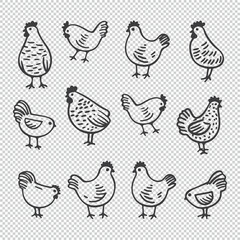 Collection of chickens as flat logo designs, vector illustrations on transparent background