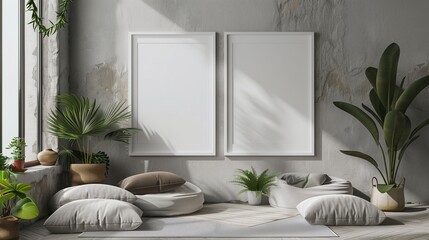 A serene meditation room with two white frames on a light grey wall, featuring floor cushions, indoor plants, and a calming atmosphere,