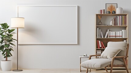 A serene reading nook with a white rectangular horizontal frame on a white wall, featuring a comfortable armchair, a small bookshelf, and a floor lamp providing warm light,