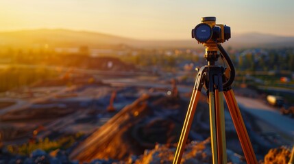 A close-up of surveyors equipment set up on a tripod, overlooking a vast construction landscape bathed in golden afternoon light