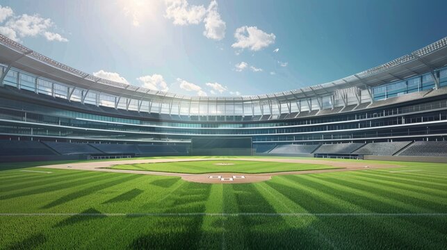 grand baseball stadium field diamond daylight view modern public sport building with blue sky