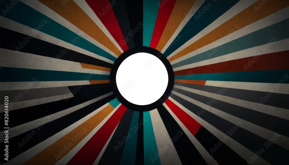 Poster an abstract design featuring colorful radial stripes emanating from a central white circle against a